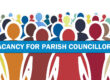 Colourful crowd illustration with a blue banner reading Vacancy for Parish Councillor across it.
