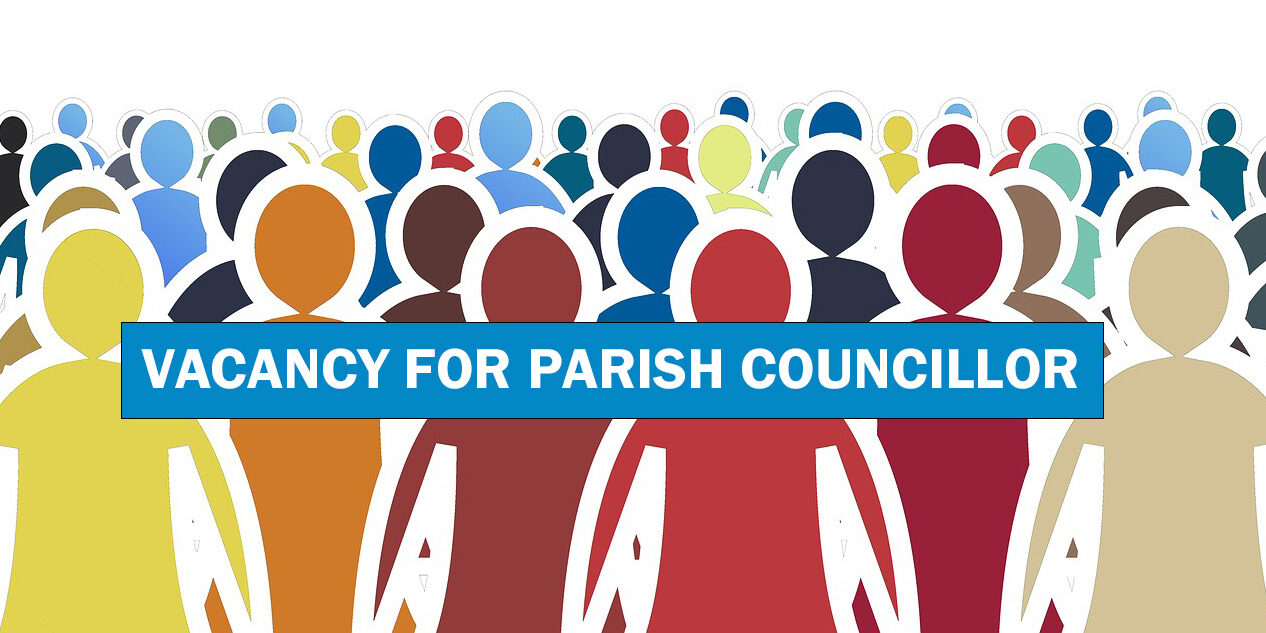 Colourful crowd illustration with a blue banner reading Vacancy for Parish Councillor across it.