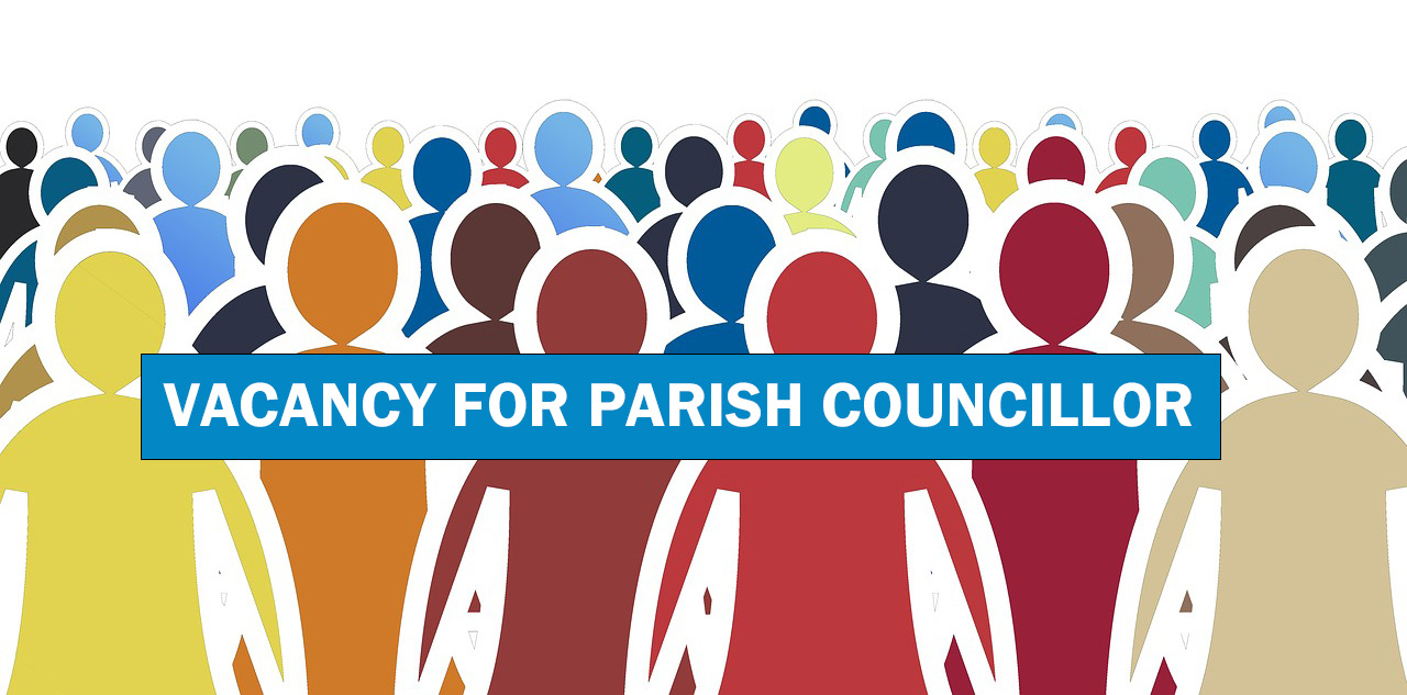 Colourful crowd illustration with a blue banner reading Vacancy for Parish Councillor across it.