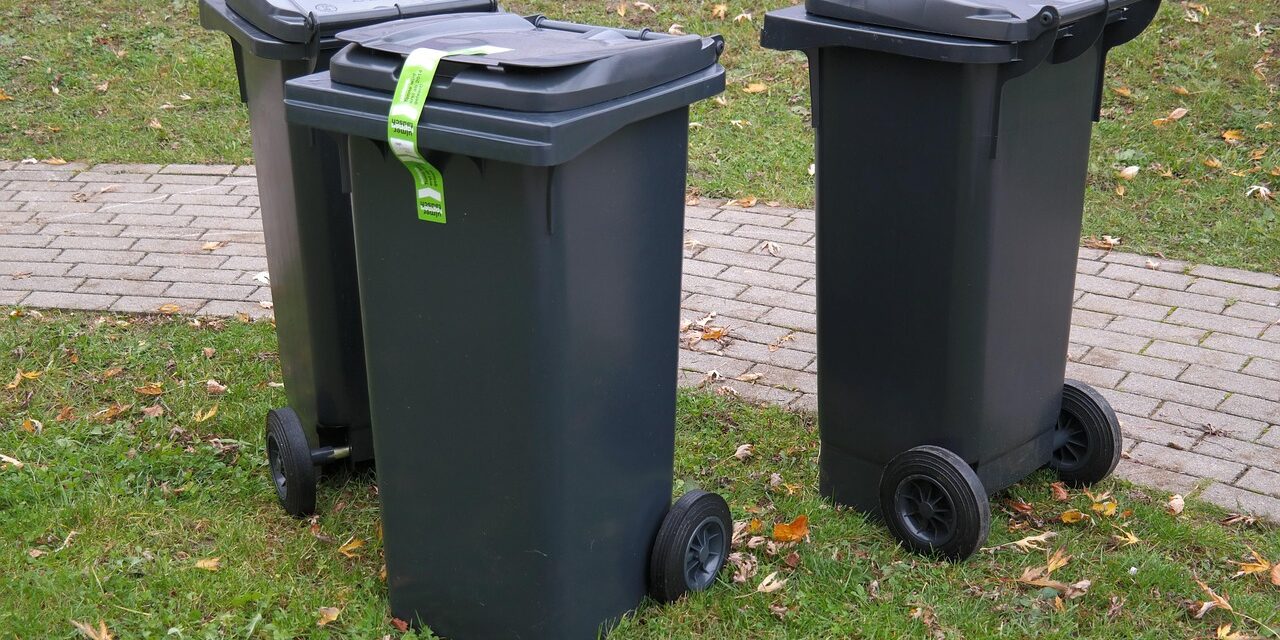 Three black wheelie bins with green labels on grass near a paved path in a park.