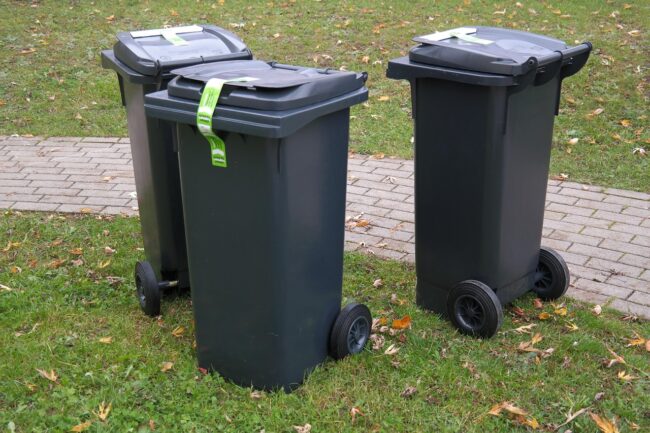 Three black wheelie bins with green labels on grass near a paved path in a park.